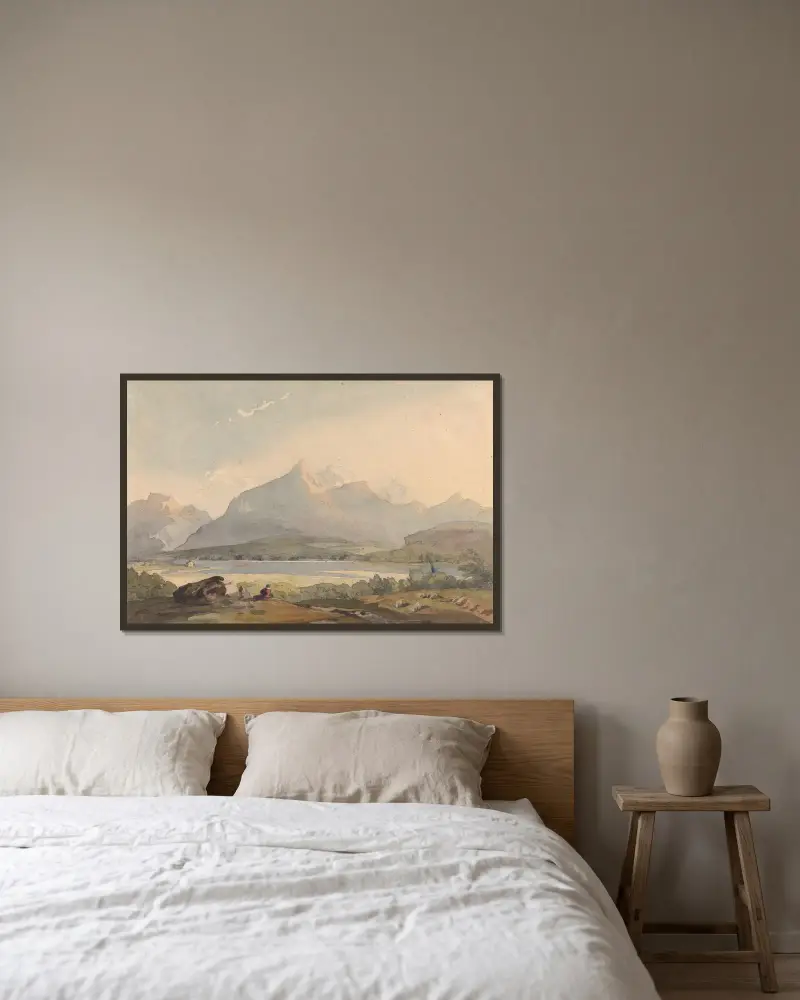 Bergslandskap med sjö och figur i förgrunden av Thomas Sully inramad på en vägg