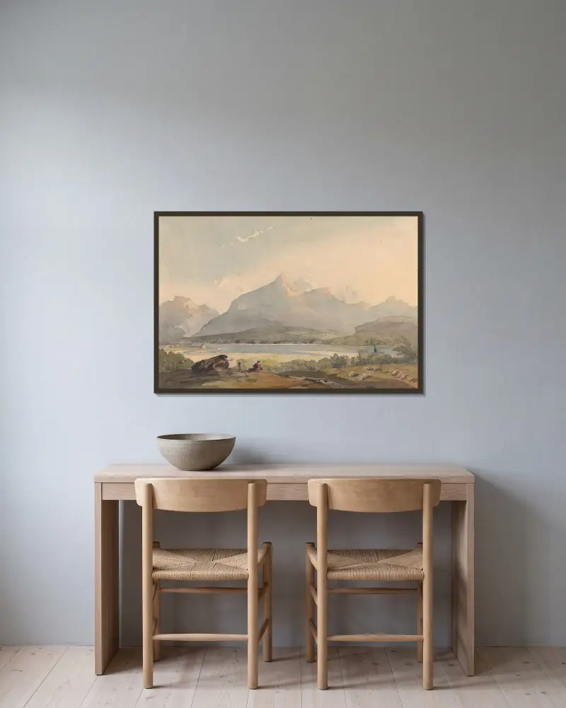 Bergslandskap med sjö och figur i förgrunden av Thomas Sully inramad på en vägg