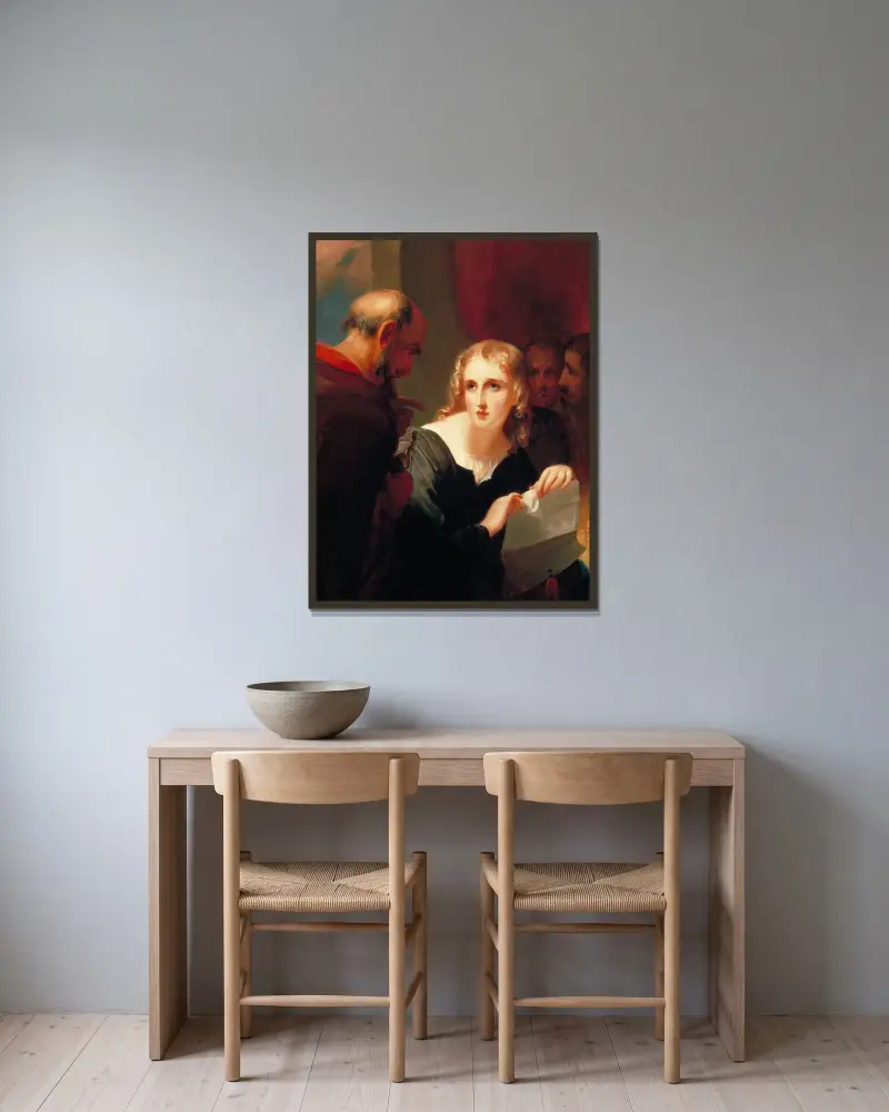 Portia and Shylock av Thomas Sully inramad på en vägg