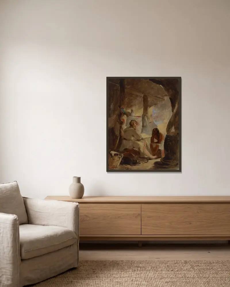 Robinson Crusoe och Fredag i grottan av Thomas Sully inramad på en vägg