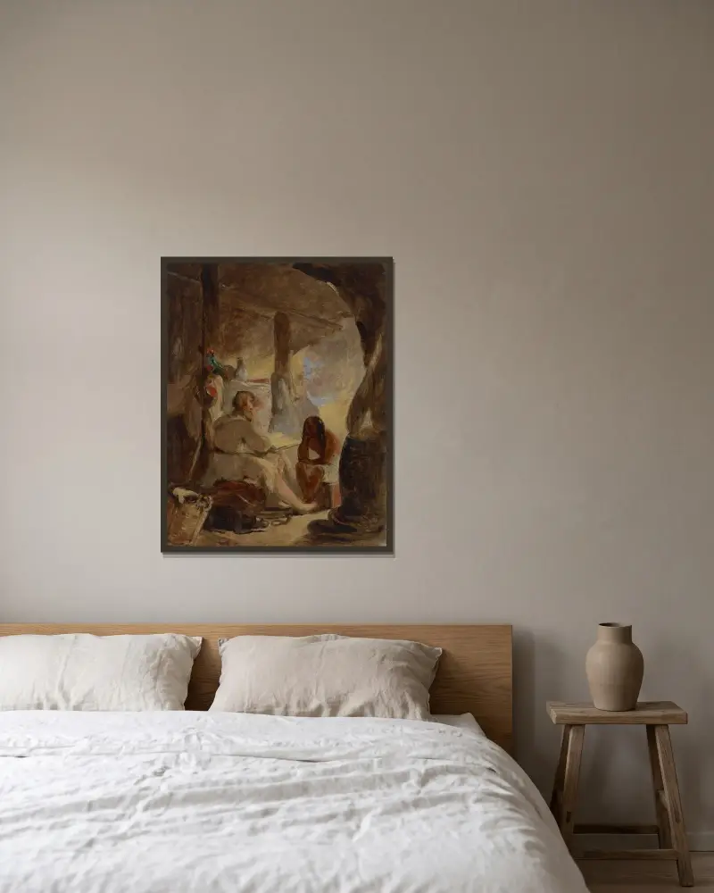 Robinson Crusoe och Fredag i grottan av Thomas Sully inramad på en vägg