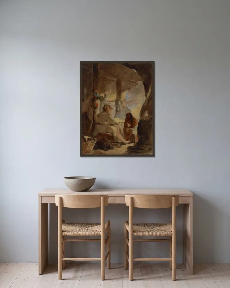 Robinson Crusoe och Fredag i grottan av Thomas Sully inramad på en vägg