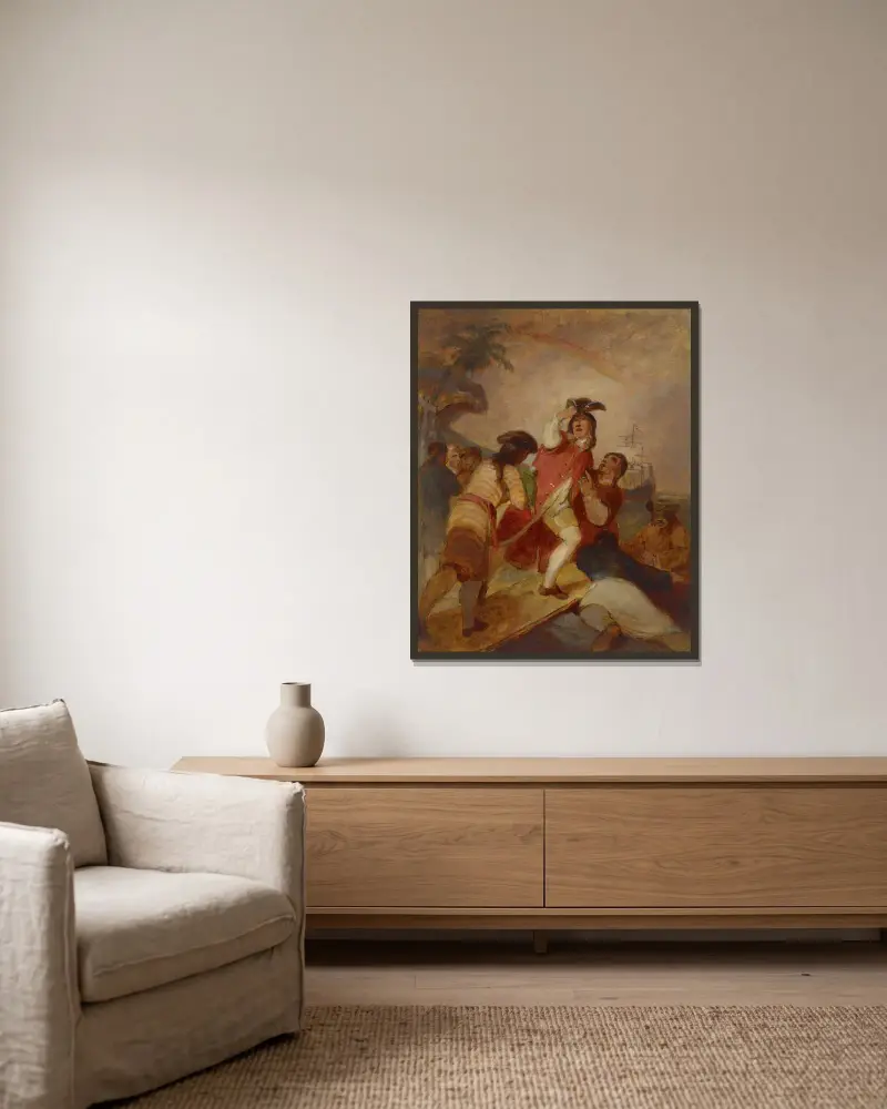 Robinson Crusoe och hans tjänare Fredag lämnar ön av Thomas Sully inramad på en vägg