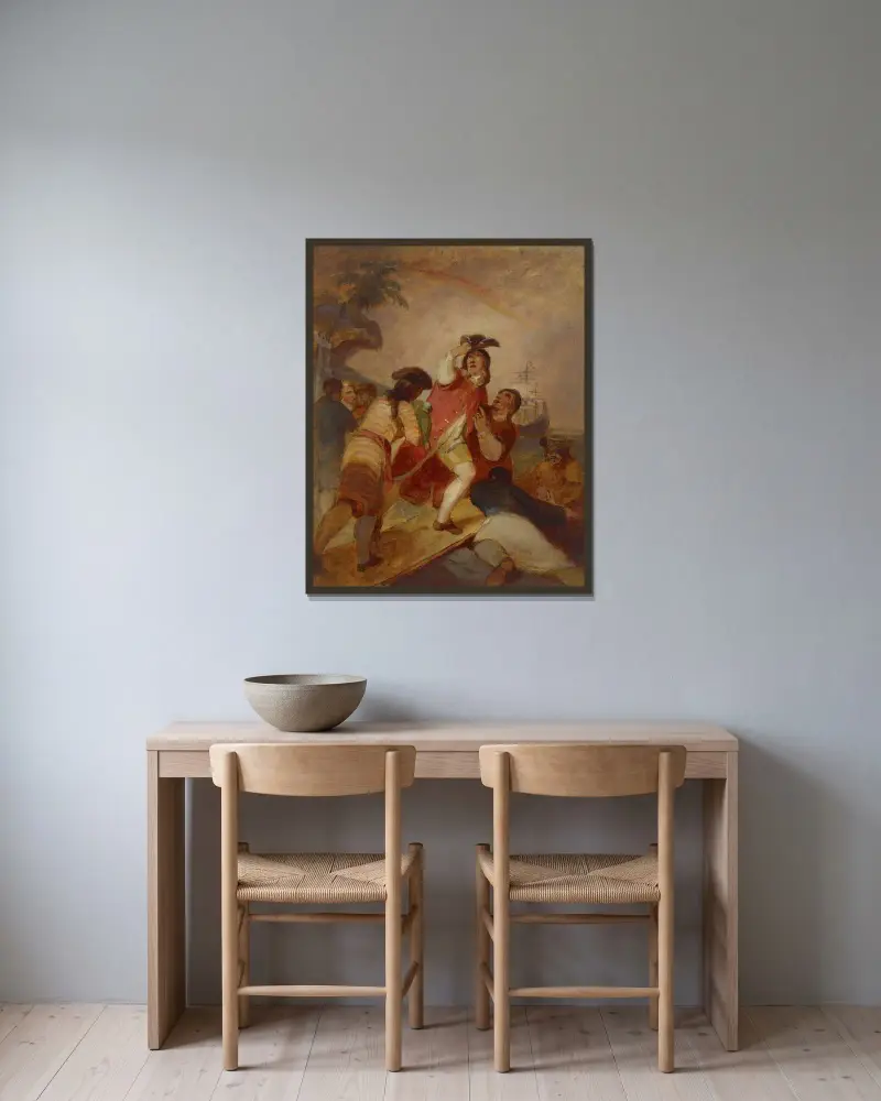 Robinson Crusoe och hans tjänare Fredag lämnar ön av Thomas Sully inramad på en vägg
