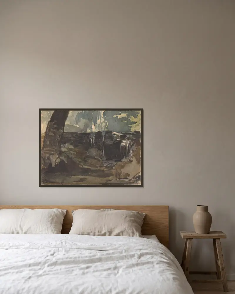 Klippigt landskap, stor trädstam i förgrunden av Thomas Sully inramad på en vägg