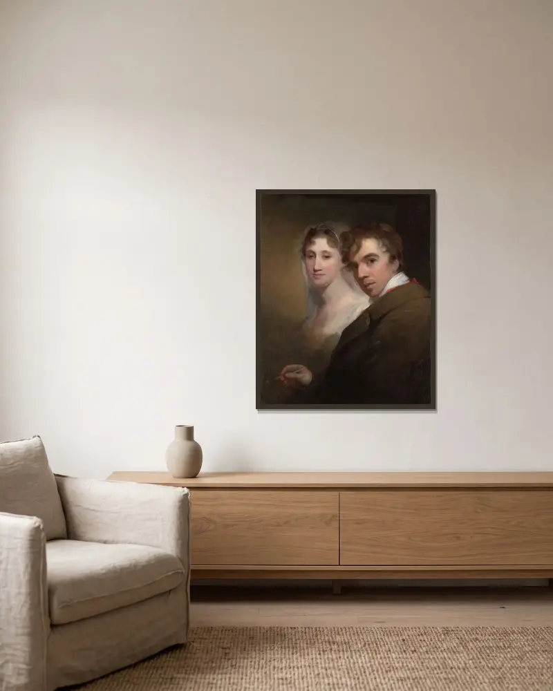 Självporträtt av konstnären när han målar sin hustru (Sarah Annis Sully) av Thomas Sully inramad på en vägg