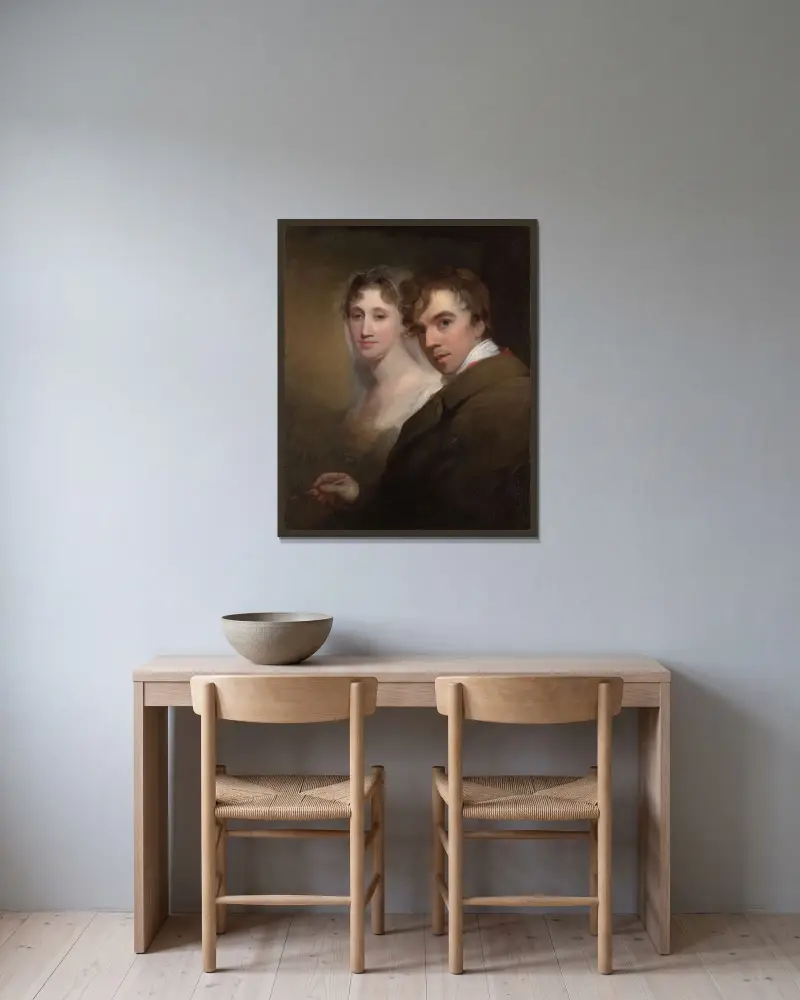 Självporträtt av konstnären när han målar sin hustru (Sarah Annis Sully) av Thomas Sully inramad på en vägg