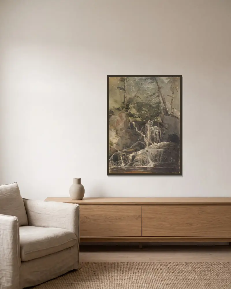 Liten vattenfall i skog av Thomas Sully inramad på en vägg
