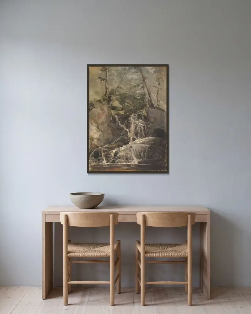 Liten vattenfall i skog av Thomas Sully inramad på en vägg