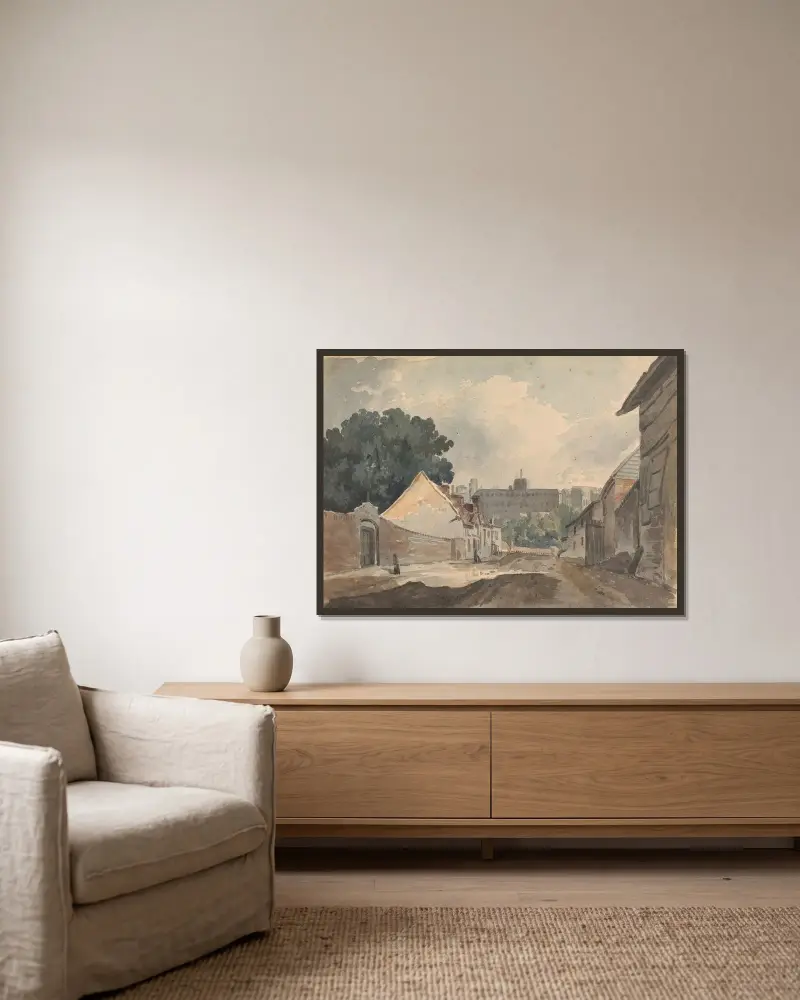 Gatumotiv med hus av Thomas Sully inramad på en vägg