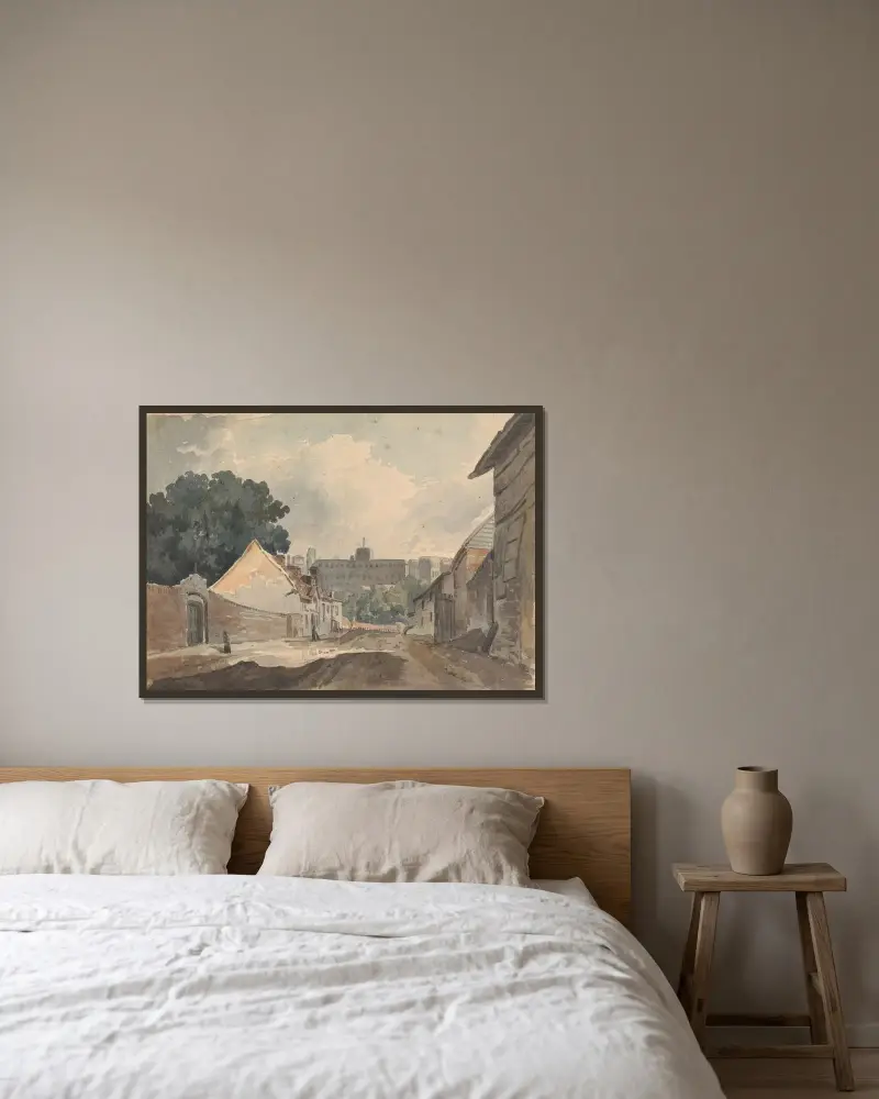 Gatumotiv med hus av Thomas Sully inramad på en vägg