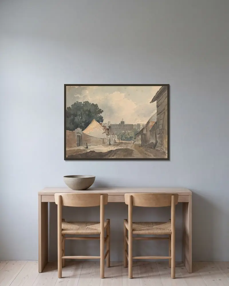 Gatumotiv med hus av Thomas Sully inramad på en vägg