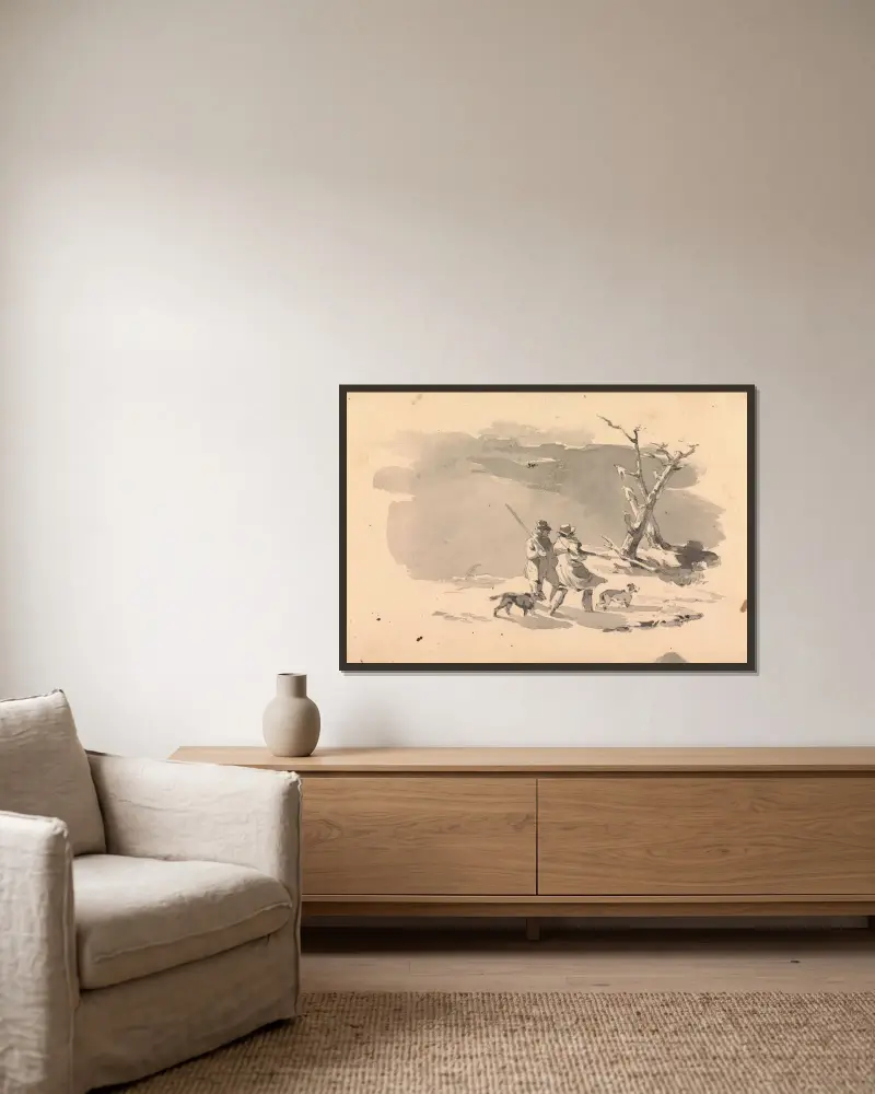 Två jägare och två hundar i vinterscen av Thomas Sully inramad på en vägg