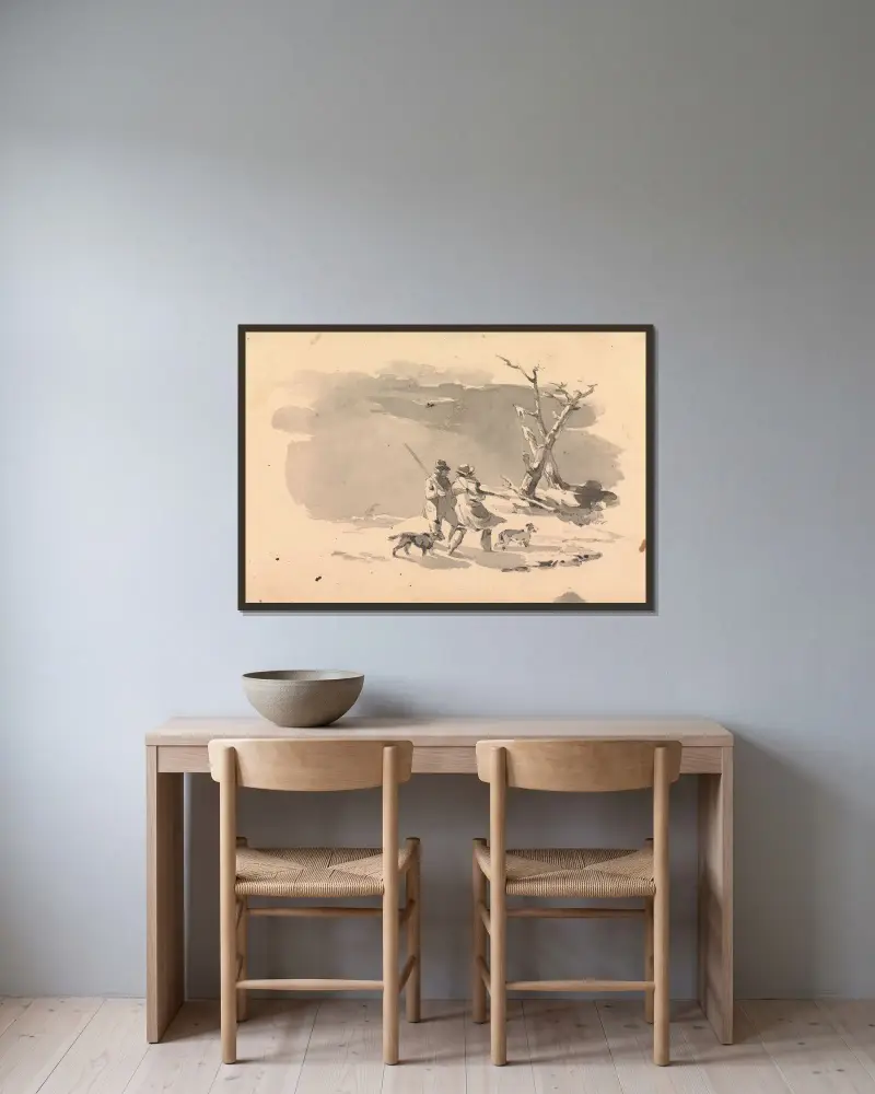 Två jägare och två hundar i vinterscen av Thomas Sully inramad på en vägg