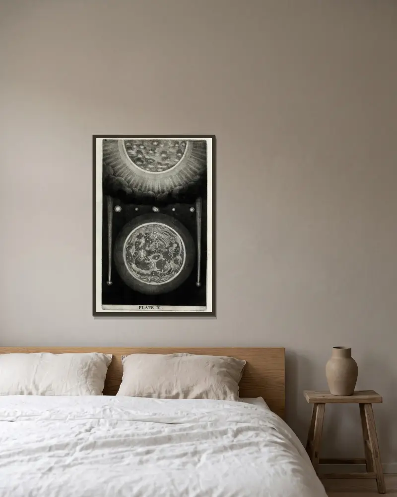 Eine originale Theorie oder neue Hypothese des Universums, Tafel X von Thomas Wright gerahmt an einer Wand
