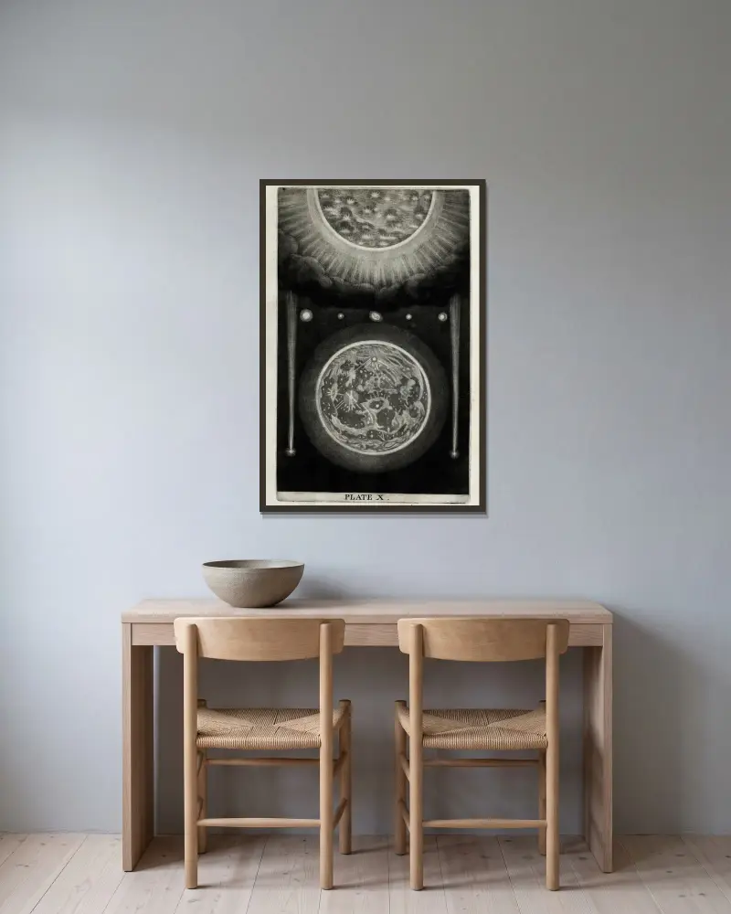Eine originale Theorie oder neue Hypothese des Universums, Tafel X von Thomas Wright gerahmt an einer Wand