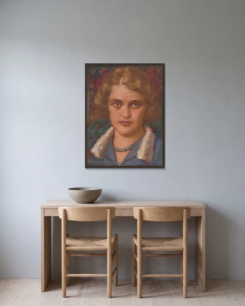 Portrait of a Girl with Beads av Milan Thomka Mitrovský inramad på en vägg