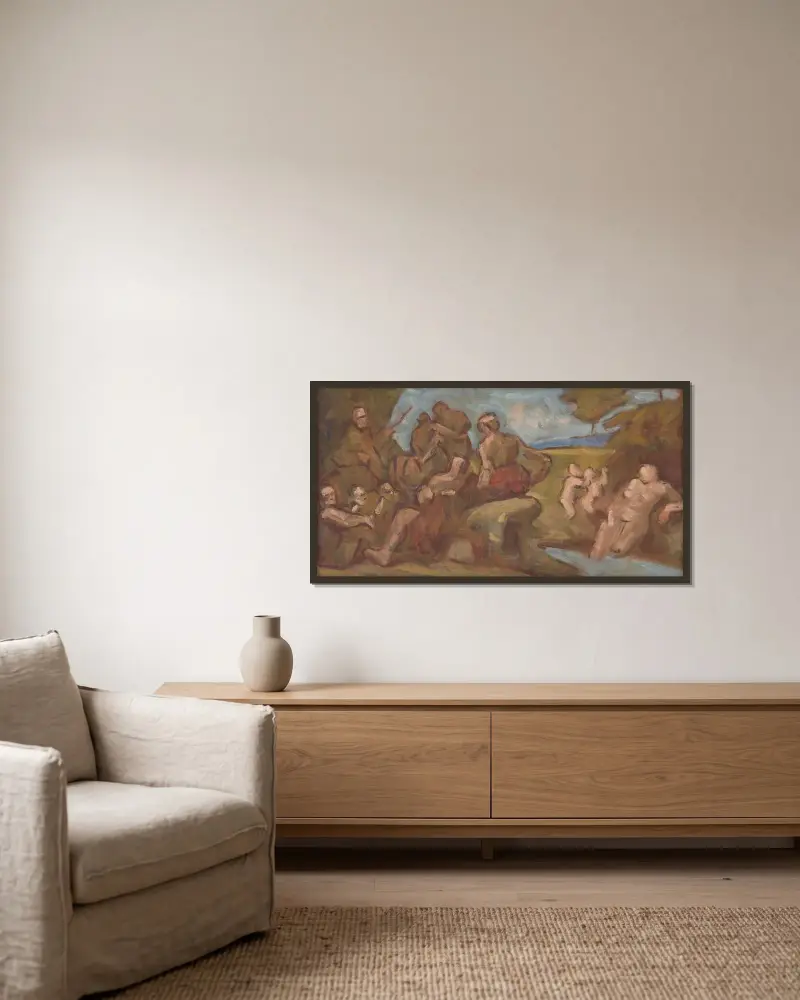Skizze zu einer Komposition mit badenden Menschen von Milan Thomka Mitrovský gerahmt an einer Wand