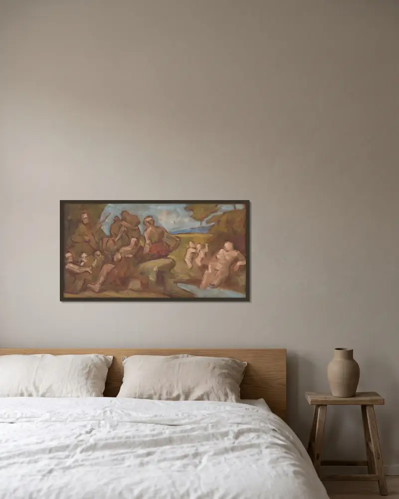 Skizze zu einer Komposition mit badenden Menschen von Milan Thomka Mitrovský gerahmt an einer Wand