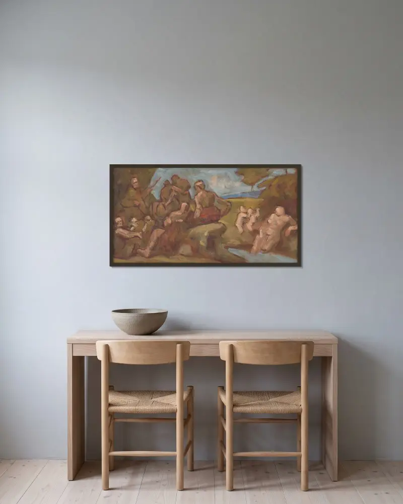 Skizze zu einer Komposition mit badenden Menschen von Milan Thomka Mitrovský gerahmt an einer Wand