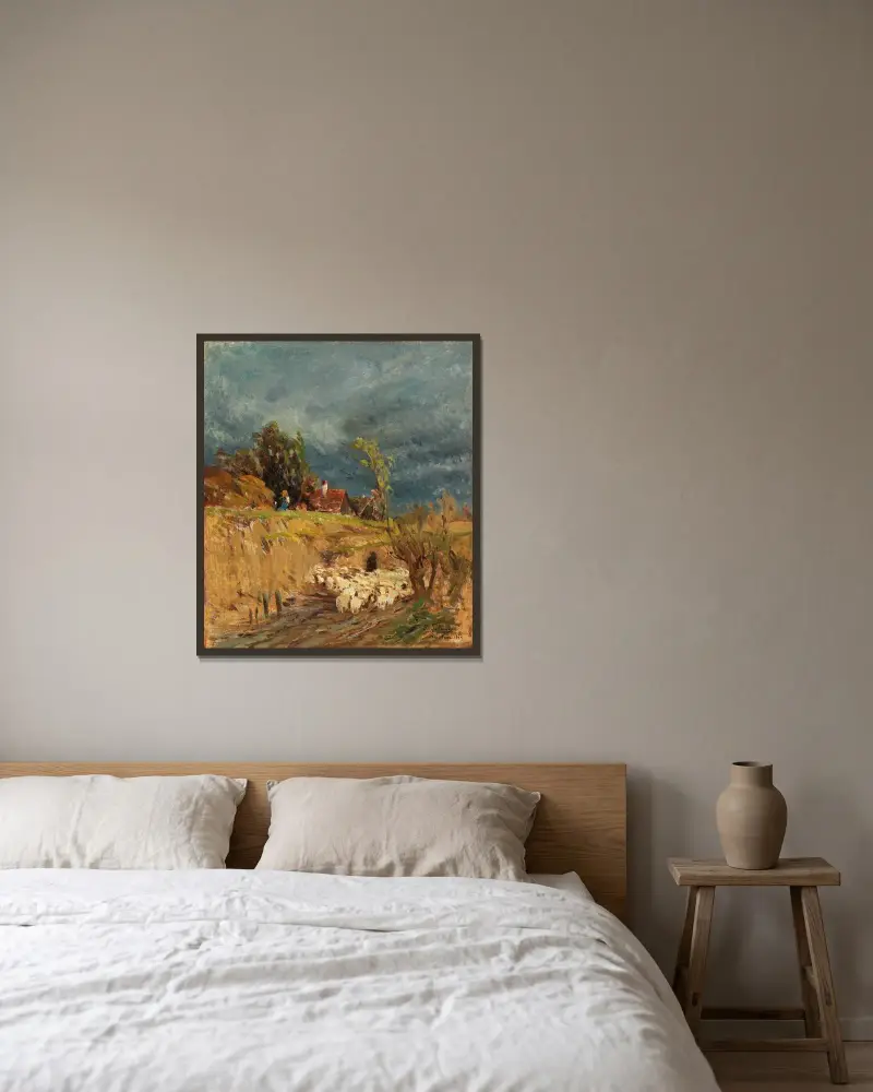Ein aufziehendes Gewitter über Haslau von Tina Blau gerahmt an einer Wand