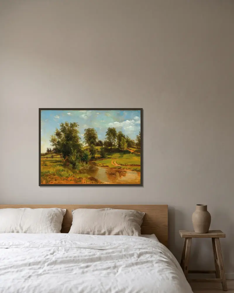 Eine hüglige Landschaft mit Bach von Tina Blau gerahmt an einer Wand