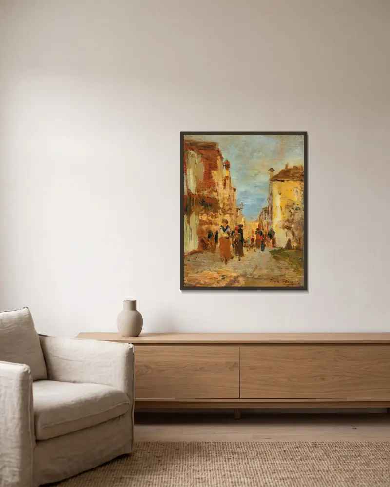 Eine Gasse in Venedig von Tina Blau gerahmt an einer Wand