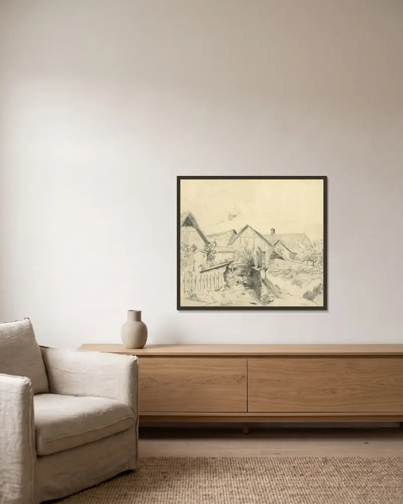 Bauernhäuser in Johnsbach von Tina Blau gerahmt an einer Wand