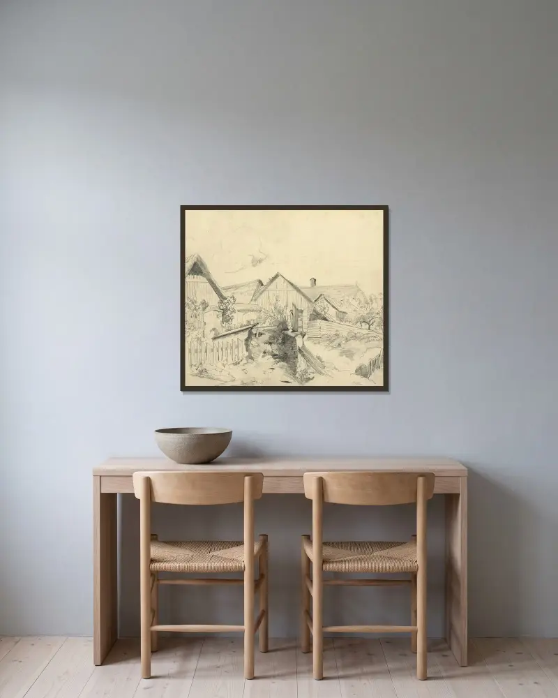 Bauernhäuser in Johnsbach von Tina Blau gerahmt an einer Wand