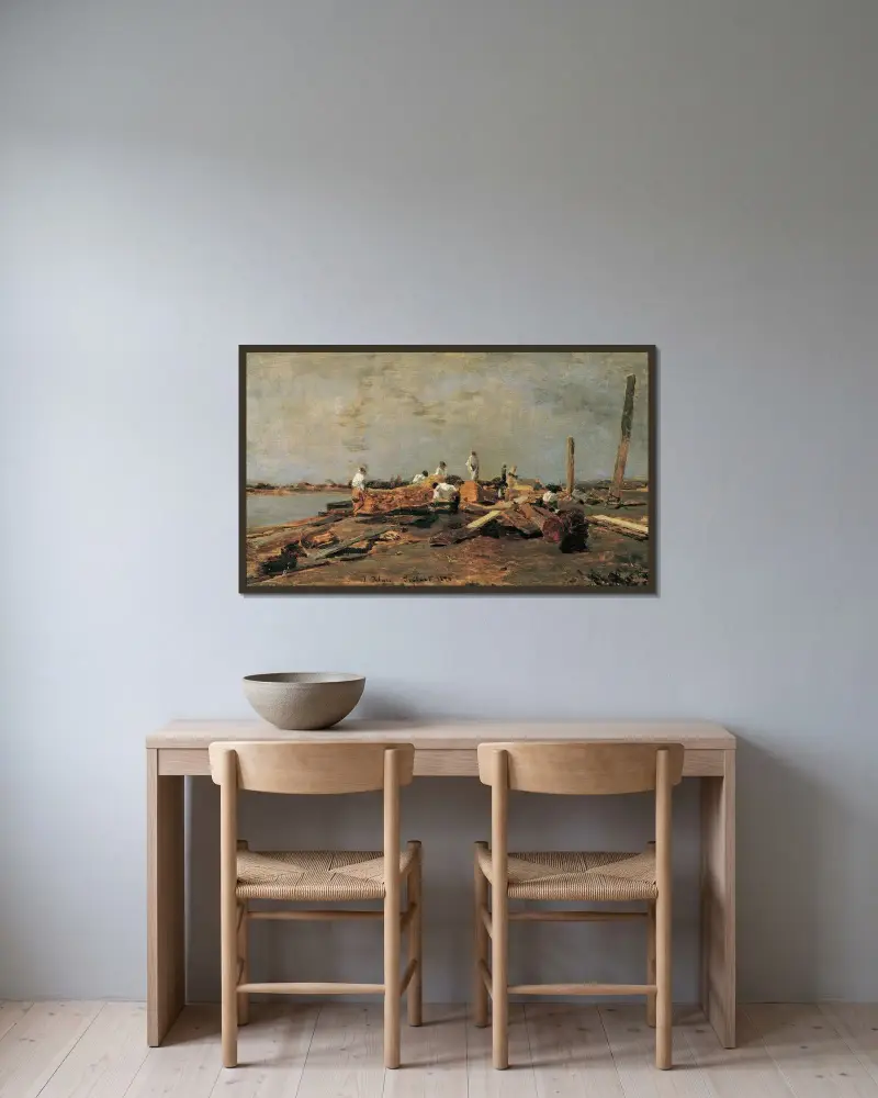Flößer an der Theiß von Tina Blau gerahmt an einer Wand
