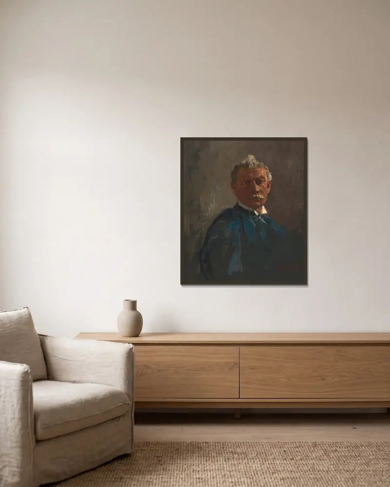Herrenbildnis von Tina Blau gerahmt an einer Wand