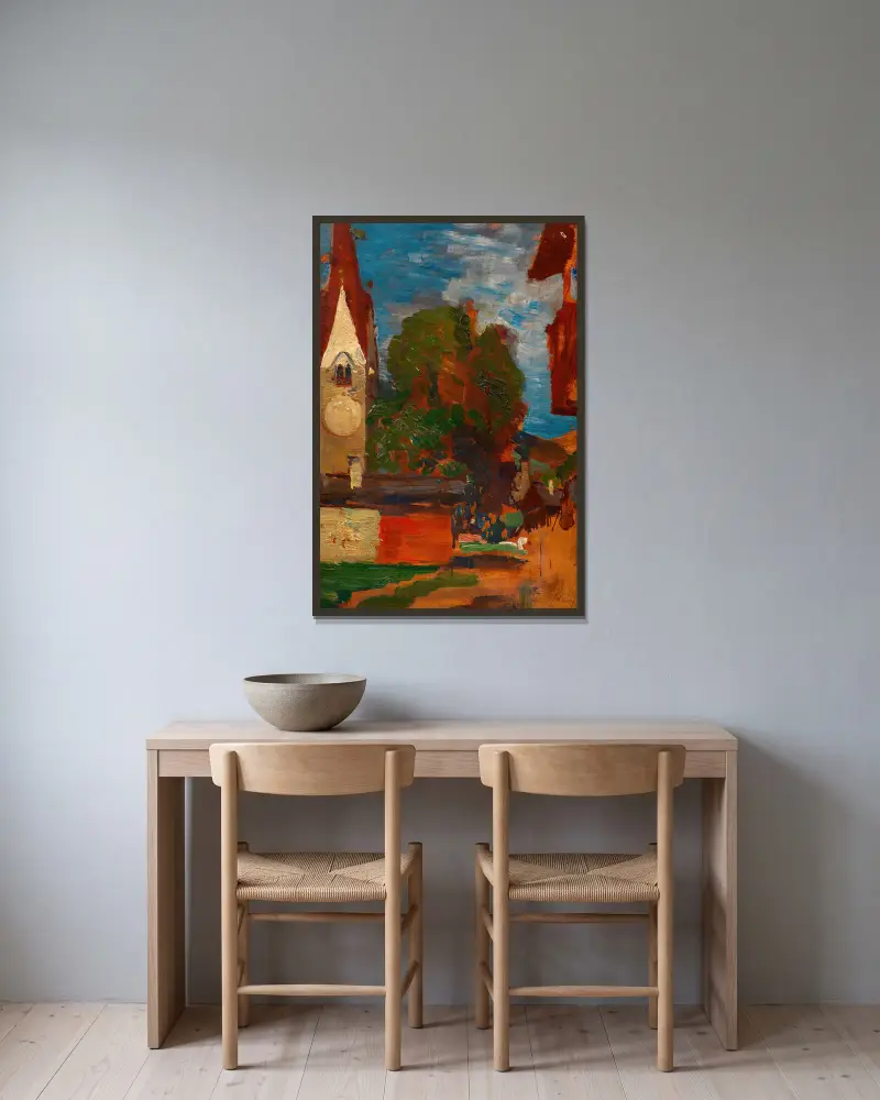 Kirche in Taufers (Dorfplatz) av Tina Blau inramad på en vägg
