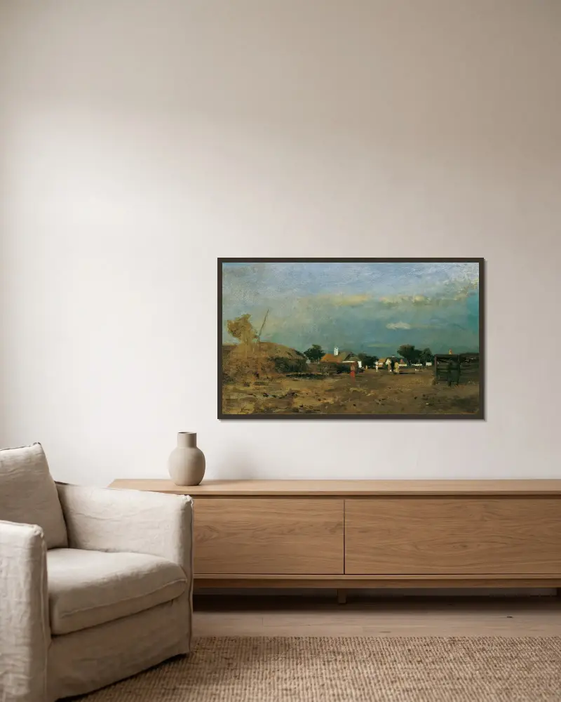 Landschaft in der Puszta Szolnok von Tina Blau gerahmt an einer Wand
