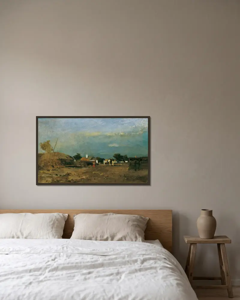 Landschaft in der Puszta Szolnok von Tina Blau gerahmt an einer Wand