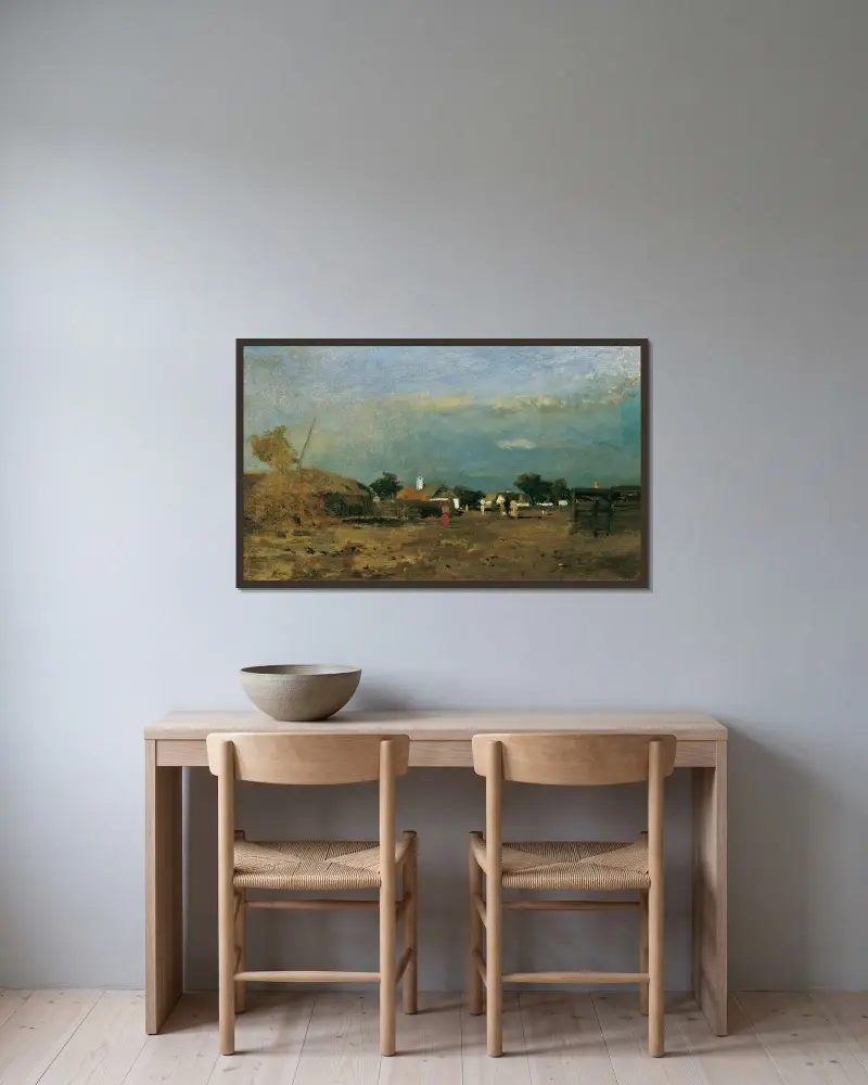Landschaft in der Puszta Szolnok von Tina Blau gerahmt an einer Wand