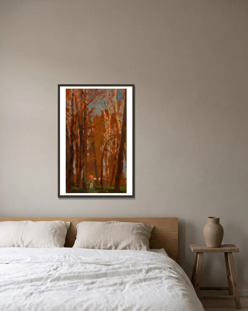 Praterbäume von Tina Blau gerahmt an einer Wand