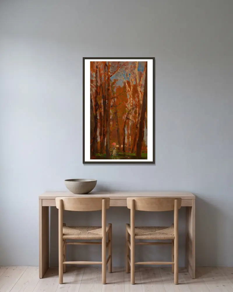 Praterbäume von Tina Blau gerahmt an einer Wand