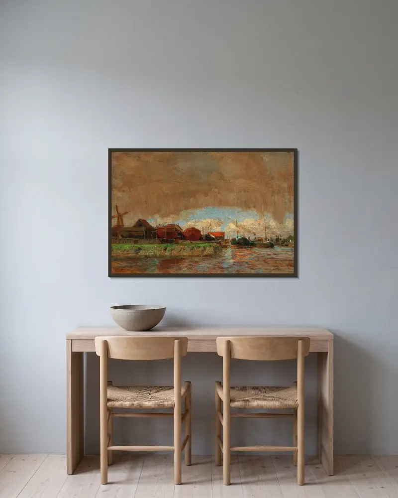 Regen und Sonnenschein, Dordrecht von Tina Blau gerahmt an einer Wand