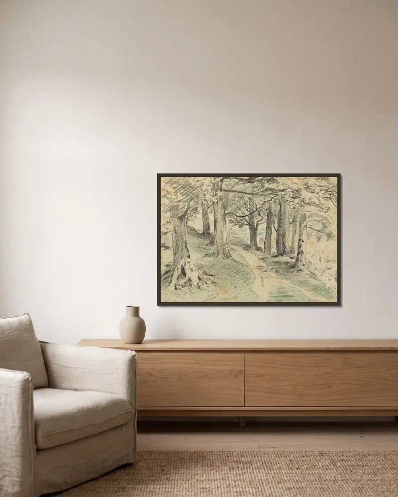 Waldinneres von Tina Blau gerahmt an einer Wand