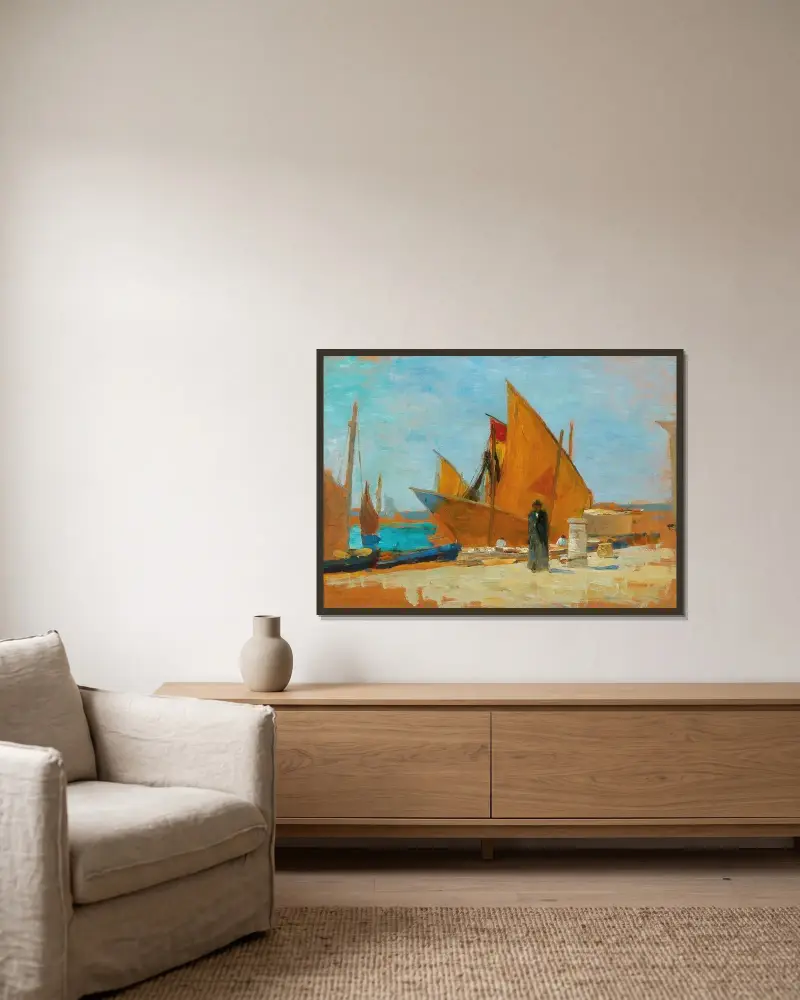 Gelbe Segel von Tina Blau gerahmt an einer Wand