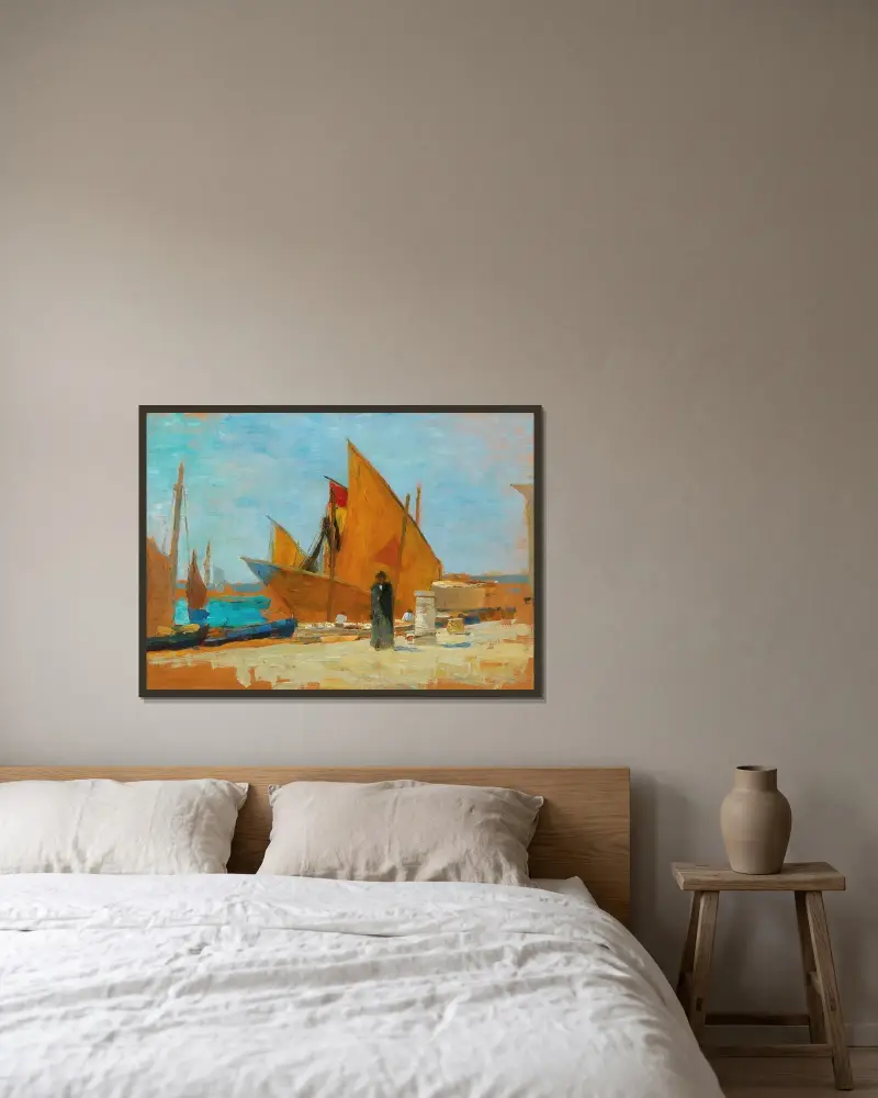 Gelbe Segel von Tina Blau gerahmt an einer Wand