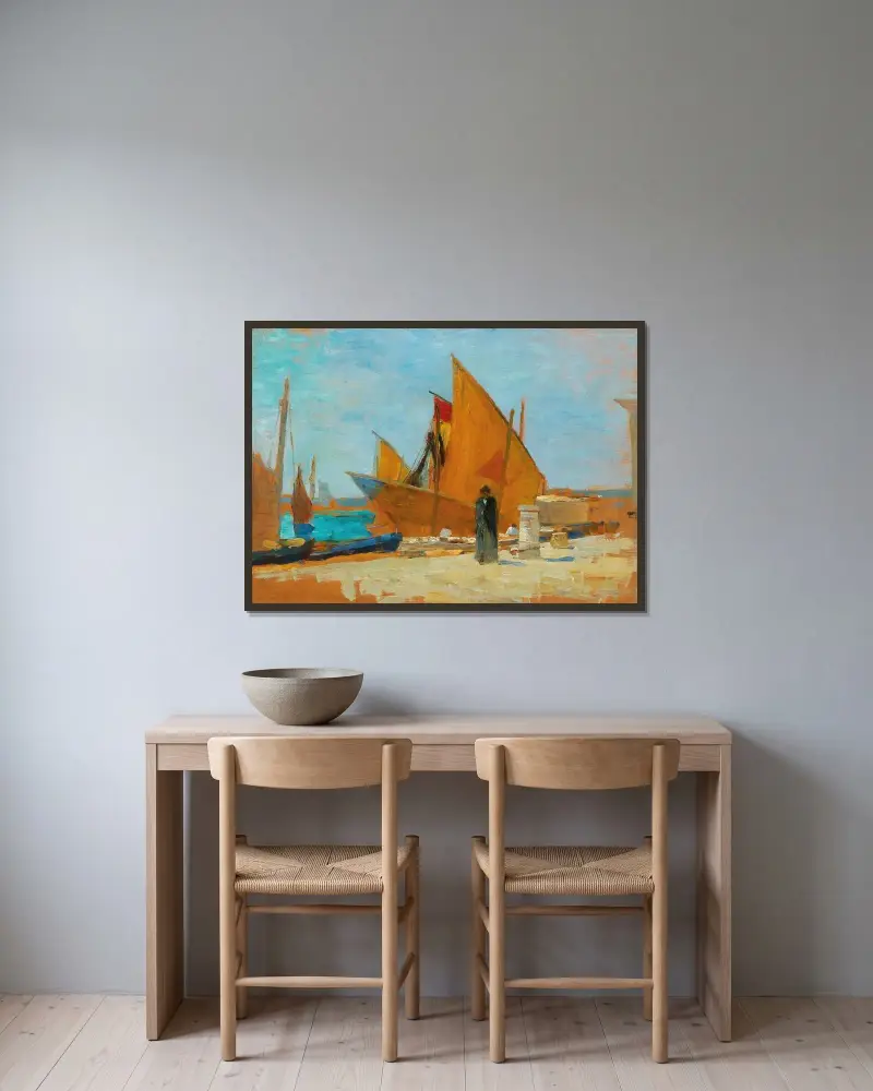 Gelbe Segel von Tina Blau gerahmt an einer Wand
