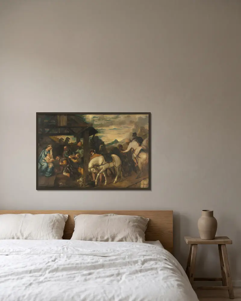 Adoration of the Magi av Titian inramad på en vägg