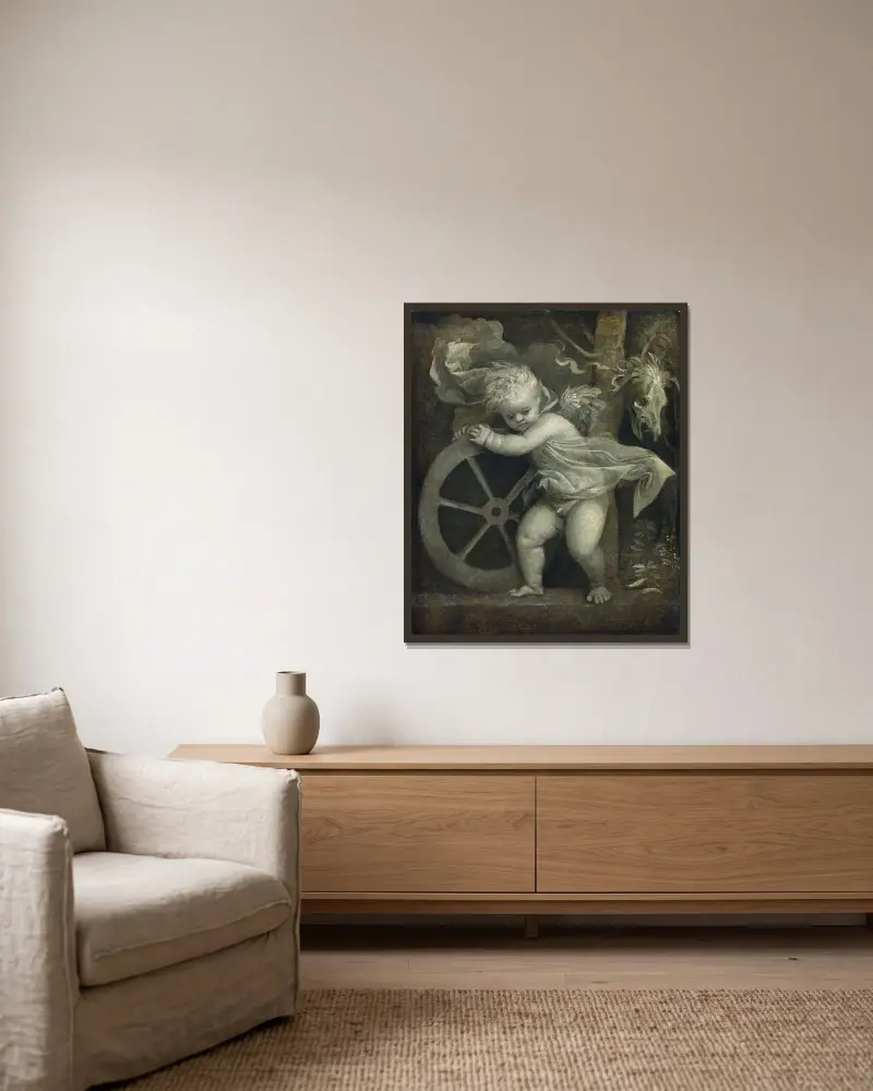 Cupid With The Wheel of Time av Titian inramad på en vägg