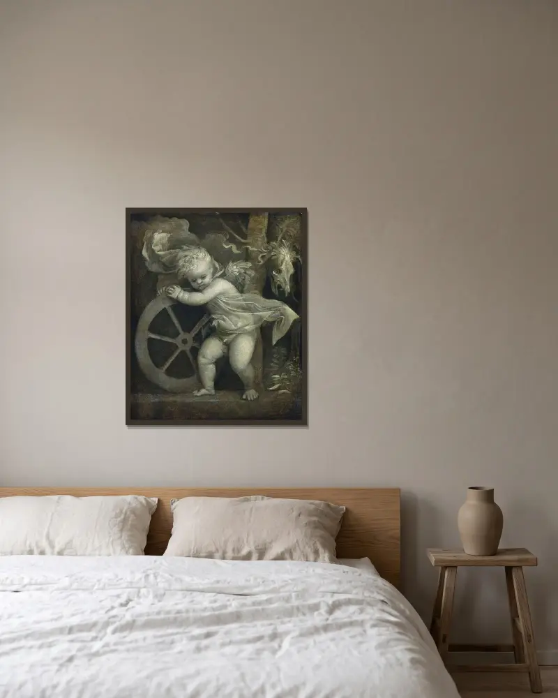 Cupid With The Wheel of Time av Titian inramad på en vägg