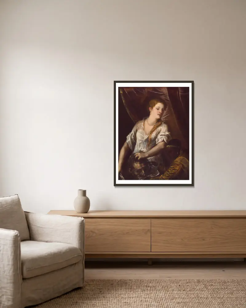 Judith and Her Maidservant with the Head of Holofernes av Titian inramad på en vägg