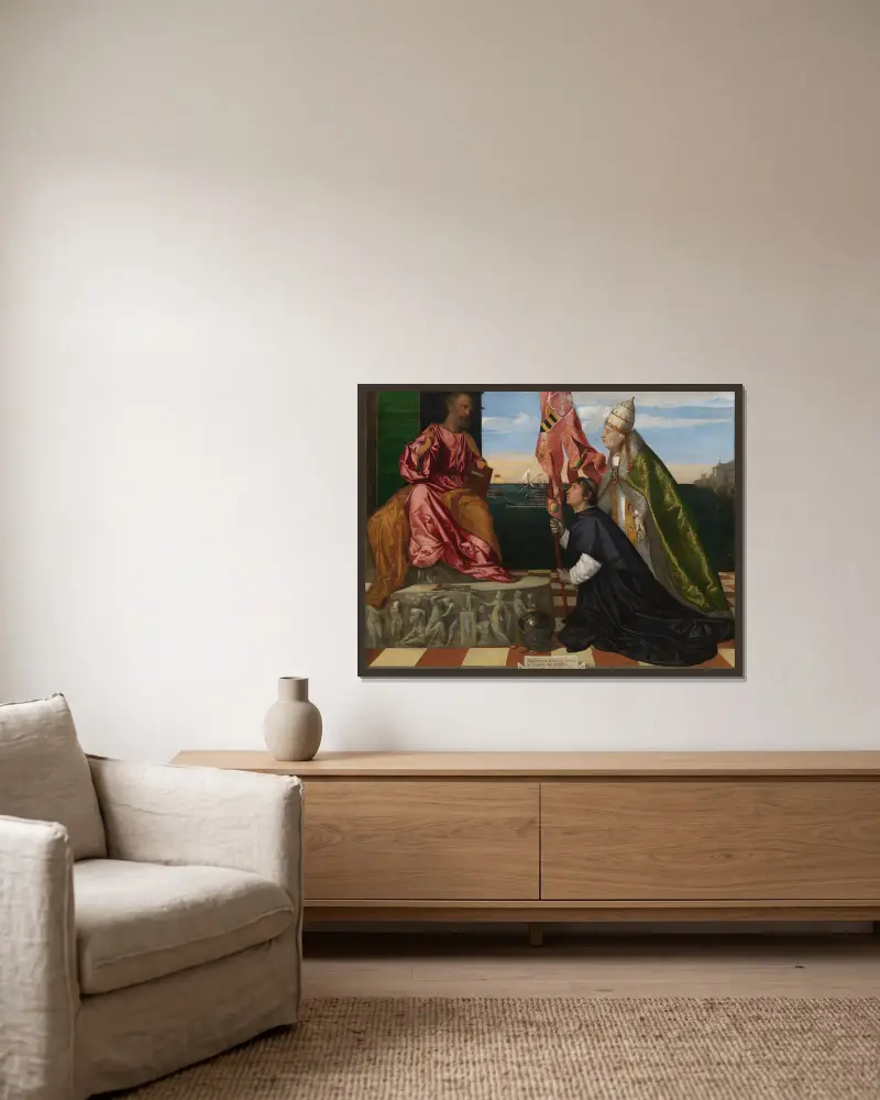 Papst Alexander VI. präsentiert Bischof Jacopo Pesaro dem heiligen Petrus von Titian gerahmt an einer Wand