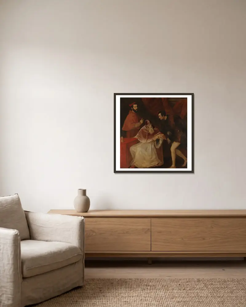 Pope Paul III and His Grandsons av Titian inramad på en vägg