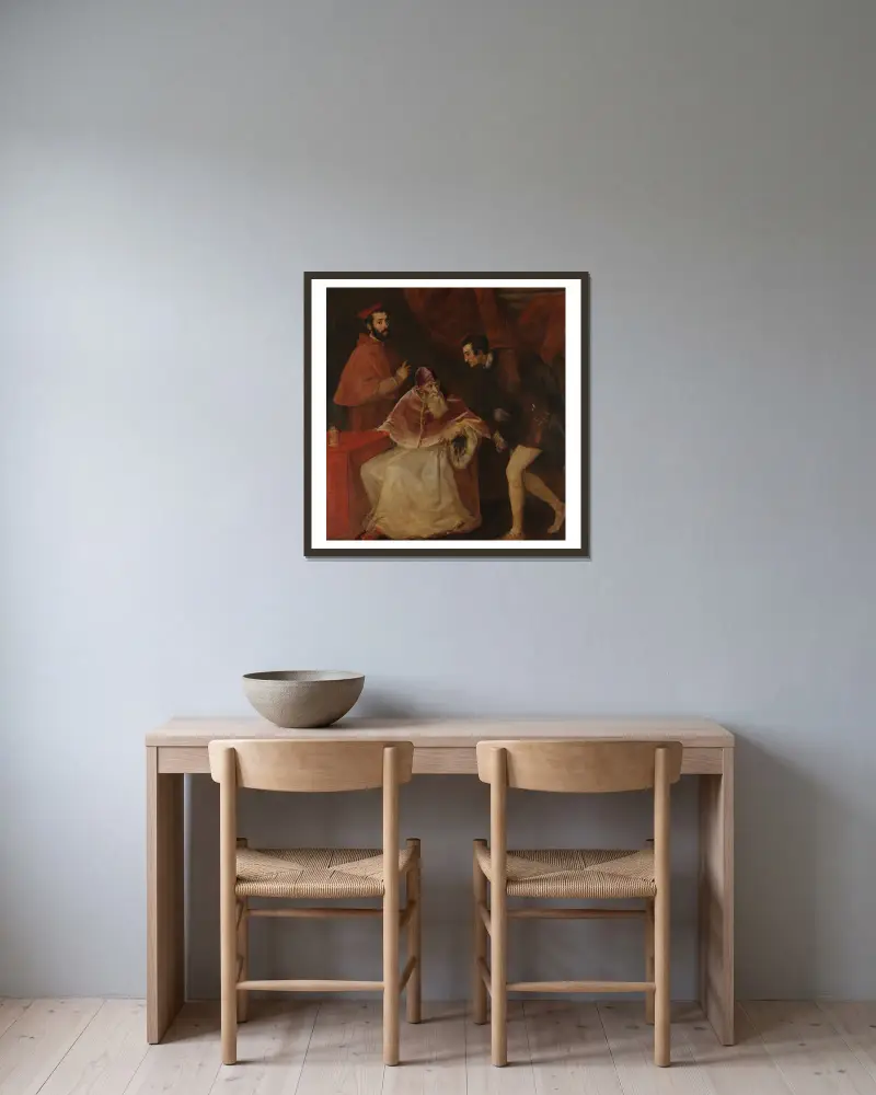 Pope Paul III and His Grandsons av Titian inramad på en vägg