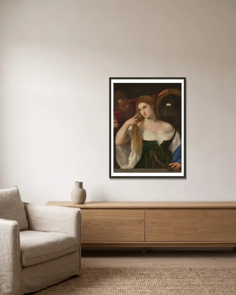 Portrait d’une Femme à sa Toilette av Titian inramad på en vägg